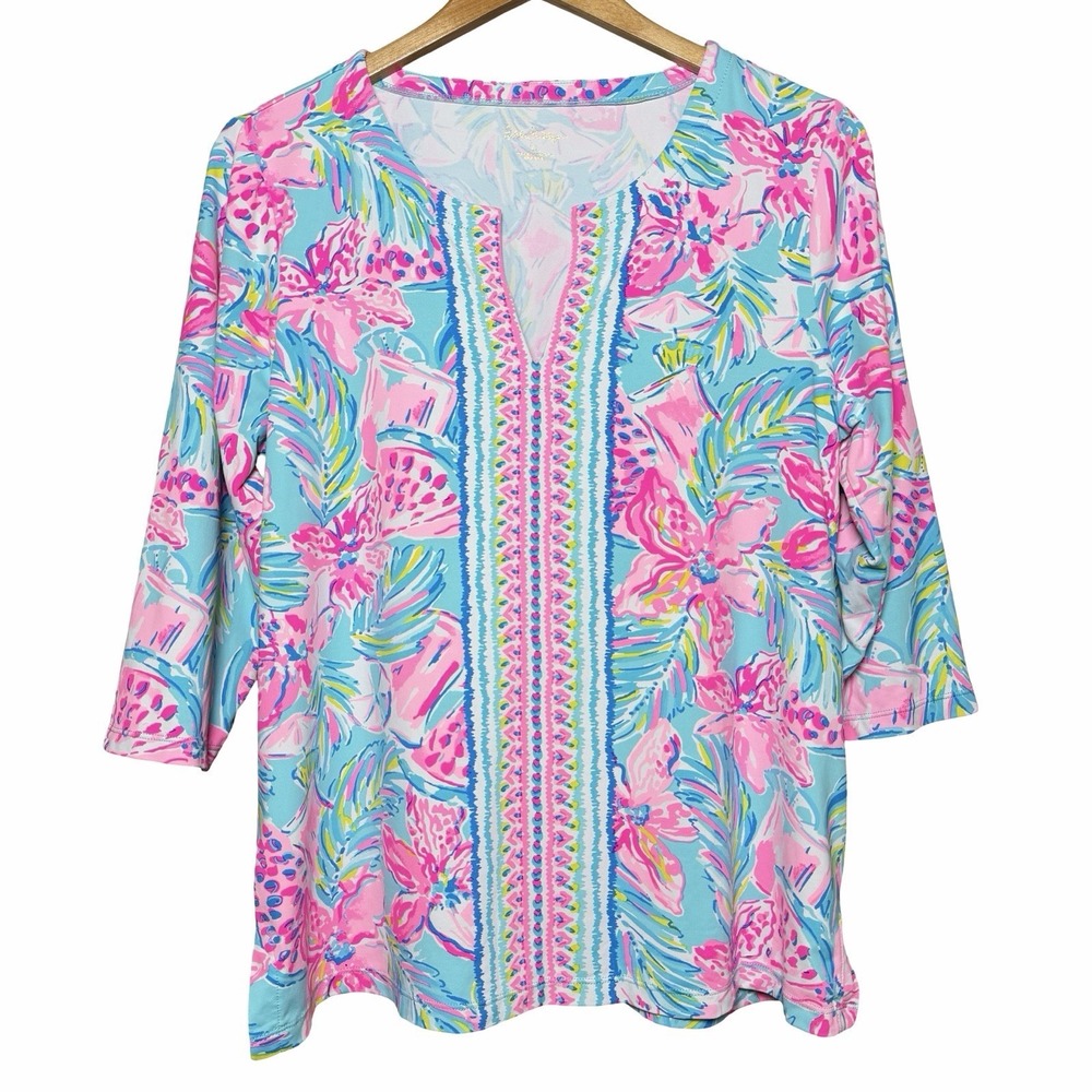 Lilly Pulitzer Karina Tunic XL ChillyLilly UPF 50+ Blue Ibiza 3/4 Sleeve Top - Picture 2 of 13